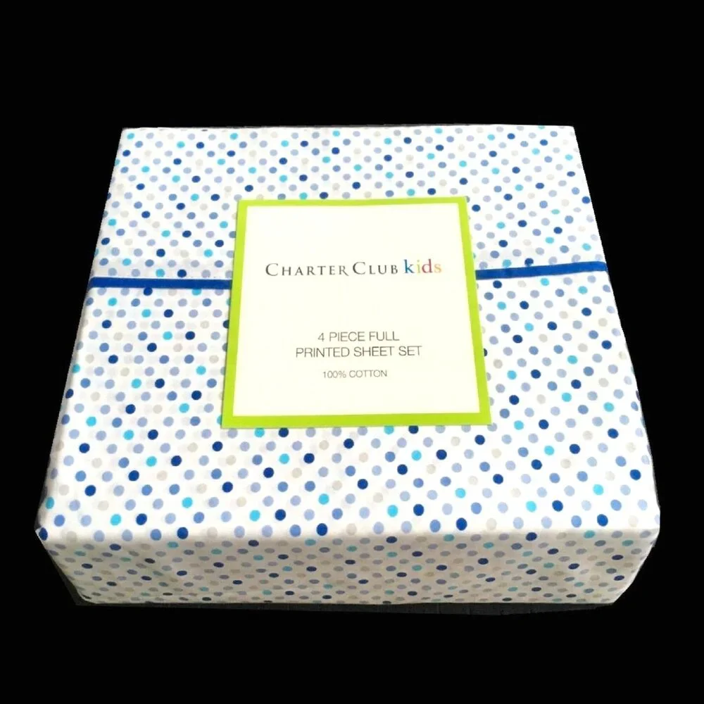 brand new 4-pc Charter Club Dot-Print 100% Cotton FULL Sheet Set - Blue on White